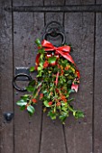 DESIGNER - JACKY HOBBS - HOLLY WREATH ON WOODEN DOOR WITH RED RIBBON