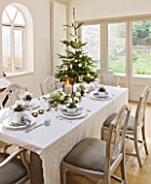 DESIGNER: JACKY HOBBS  LONDON: DINING/ LIVING ROOM AT CHRISTMAS - TABLE AND CHAIRS LAID FOR CHRISTMAS DINNER  CHRISTMAS TREE