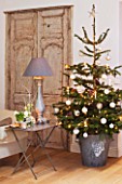 DESIGNER: JACKY HOBBS  LONDON - CHRISTMAS - TABLE WITH GLASS JARS  CANDLES AND LAMP  IN LIVING ROOM. CHRISTMAS TREE