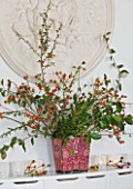 BRUERN COTTAGES  OXFORDSHIRE: CHRISTMAS - THE LIVING ROOM - BERRY DECORATION IN CONTAINER ON MANTELPIECE