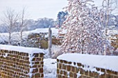 RICKYARD BARN  NORTHAMPTONSHIRE: THE GARDEN IN SNOW WITH WOODEN NEEDLE  WALLS AND MALUS RED SENTINEL