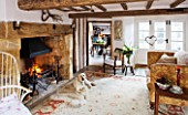 DESIGNER CAROLYN MINTY  GLOUCESTERSHIRE - VIEW THROUGH TO THE DINING ROOM FROM THE SITTING ROOM WITH SULA THE DOG  FIREPLACE