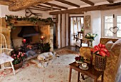 DESIGNER CAROLYN MINTY  GLOUCESTERSHIRE - VIEW THROUGH TO THE DINING ROOM FROM THE SITTING ROOM WITH SULA THE DOG  FIREPLACE
