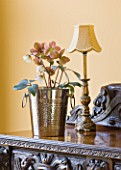 DESIGNER CLARE MATTHEWS - HOUSEPLANT PROJECT - CHAMPAGNE BUCKET CONTAINER PLANTED WITH HELLEBORE IN DINING ROOM