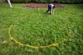 DESIGNER - CLARE MATTHEWS: DECKING PROJECT - MARKING OUT A DECK CIRCLE USING YELLOW SPRAY PAINT