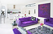 CAKE BOY HOUSE  LONDON: THE MORNING ROOM WITH INFORMAL DINING TABLE  PURPLE SUEDE SOFA BY ROSET AND KITCHEN BEHIND