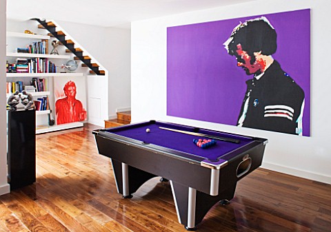 CAKE_BOY_HOUSE__LONDON_POOL_ROOM_IN_BASEMENT_WITH_PURPLE_POOL_TABLE__BOOKSHOP_AND_JAMES_DEAN_PAINTIN