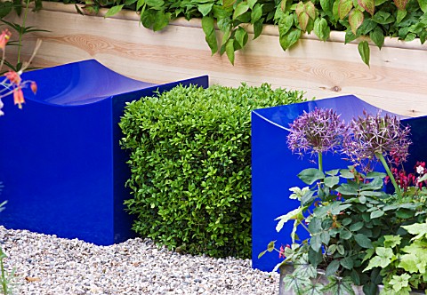 CHELSEA_2011__THE_MAGISTRATES_GARDEN_DESIGNED_BY_KATE_GOULD__BLUE_WOODEN_SEATS_WITH_BOX_CUBE