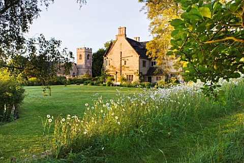 ASTHALL_MANOR__OXFORDSHIRE_THE_MANOR_HOUSE_SEEN_FROM_THE_LAWN_WITH_OXEEYE_DAISIES