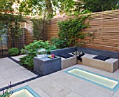 DESIGNER CHARLOTTE ROWE  LONDON: SMALL, TOWN, CITY, FORMAL, CONTEMPORARY, GARDEN, PAVING, TERRACE, PATIO, SEATS, BENCHES, FENCES, FENCING, SCREENS, WOODEN, LIGHTS, LIGHTING