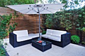 DESIGNER CHARLOTTE ROWE  LONDON: SMALL, TOWN, CITY, FORMAL, CONTEMPORARY, GARDEN, PAVING, TERRACE, PATIO, SEATS, BENCHES, FENCES, FENCING, SCREENS, WOODEN, LIGHTS, LIGHTING, TABLE, CANOPY, UMBRELLA, PARASOL