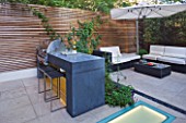 DESIGNER CHARLOTTE ROWE  LONDON: SMALL, TOWN, CITY, FORMAL, CONTEMPORARY, GARDEN, PAVING, TERRACE, PATIO, SEATS, BENCHES, FENCES, FENCING, SCREENS, WOODEN, LIGHTS, LIGHTING, TABLE, CANOPY, UMBRELLA, PARASOL, BARBEQUE
