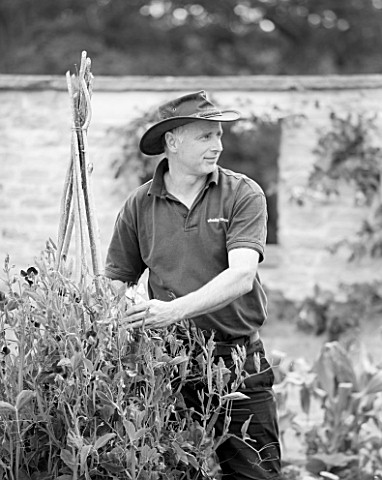 BLACK_AND_WHITE_I9MAGE_OF_WHATLEY_MANOR__WILTSHIRE_HEAD_GARDENER_BARRY_HOLMAN_IN_THE_KITCHEN_GARDEN