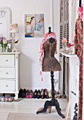 AMANDA KNOX HOUSE  GRANTHAM: BEDROOM WITH WHITE SIDEBOARD  VINTAGE FABRIC LAMPSHADE  VINTAGE MANNEQUIN  SHOE COLLECTION