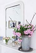 AMANDA KNOX HOUSE  GRANTHAM: WHITE DINING ROOM - WEATHERED TIN CONTAINER ON MANTELPIECE WITH HYDRANGEAS AND MIRROR
