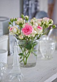 AMANDA KNOX HOUSE  GRANTHAM: KITCHEN - GLASS ACCESSORIES AND JUG WITH FRESH FLOWERS