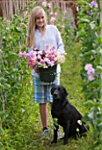 THE GARDEN AND PLANT COMPANY  HATHEROP CASTLE  CIRENCESTER  GLOUCESTERSHIRE: GIRL WITH BUCKET FULL OF FRESHLY PICKED SWEET PEAS FROM THE NURSERY AND PATTIE WESTERNS DOG ELLA