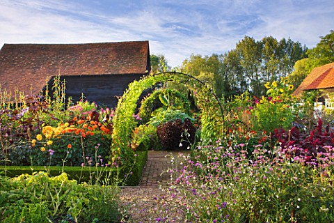 ULTING_WICK__ESSEX__VIEW_ALONG_BRICK_PATH_WITH_BOX_EDGED_BEDS__ARCH__DAHLIAS_AND_HELIANTHUS