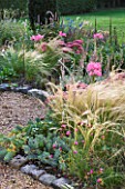 ULTING WICK  ESSEX - THE FRONT GARDEN IN AUTUMN WITH STIPA TENUISSIMA AND NERINES