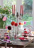 JACKY HOBBS HOUSE  LONDON: AUTUMN TABLE SETTING WITH MIXTURE OF BRIGHT SEASONAL DAHLIAS DRESSING THE TABLE WITH COLOURED CANDLES AND NAPKINS