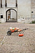 CHATEAU DU RIVAU  LOIRE VALLEY  FRANCE:  A BARROW FULL OF PUMPKINS IN FRONT OF THE CHATEAU