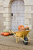 CHATEAU DU RIVAU  LOIRE VALLEY  FRANCE: A YELLOW WHEELBARROW FILLED WITH PUMPKINS BESIDE THE ROYAL STABLES