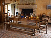CHATEAU DU RIVAU  LOIRE VALLEY  FRANCE: THE KITCHEN WITH WOODEN TABLE AND FIRE