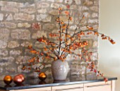 RICKYARD BARN HOUSE  OXFORDSHIRE: DESIGNERS JANE AND CLIVE NICHOLS. BLACK MARBLE TOP WITH STONE COLOURED CONTAINER WITH MALUS BRANCHES AND COOPER  BAUBLES - CHRISTMAS