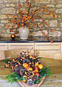 RICKYARD BARN HOUSE  OXFORDSHIRE: DESIGNERS JANE AND CLIVE NICHOLS. CHRISTMAS DECORATION ON TABLE - WICKER LEAF WITH FIR CONES  FRUIT AND BERRIES. CONTAINER WITH MALUS