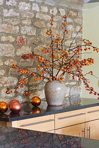 RICKYARD_BARN_HOUSE__OXFORDSHIRE_DESIGNERS_JANE_AND_CLIVE_NICHOLS_CHRISTMAS_DECORATION_ON_WORKTOP_IN