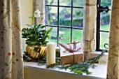 FULBROOK HOUSE: GUEST BATHROOM; WINDOWSILL IN PALE YELLOW WITH FLORAL CURTAINS. POTTED HELLEBORE   CANDLE AND CHRISTMAS GIFT