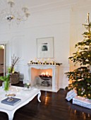 WHITE HOUSE: SITTING ROOM; WHITE DÉCOR AND FURNISHINGS WITH DARK WOOD FLOORS AND DECORATIVE MARBLE FIREPLACE   CHRISTMAS TREE