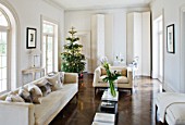 WHITE HOUSE: FAMILY ROOM WHITE DÉCOR AND FURNISHING WITH CHRISTMAS TREE