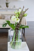 WHITE HOUSE: FAMILY ROOM - SEASONAL PUSSY WILLOW AND WHITE AMARYLLIS IN LARGE GLASS VASE ON LONG COFFEE TABLE