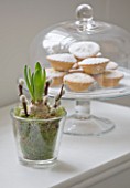 WHITE HOUSE: BREAKFAST ROOM: WHITE SIDE TABLE SET WITH GLASS HYACINTH POT AND GLASS DOMED CAKE STAND WITH MINCE PIES