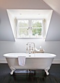 WHITE HOUSE: ATTIC GUEST BATHROOM - WHITE WITH DARK WOODEN FLOORS  ELEGANT FREESTANDING ROLL TOP BATH