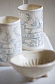 SARAH BAKERS HOUSE  THE OLD VICARAGE: BATHROOM : EMBOSSED CERAMIC  CUSTOM MADE BAKER AND GRAY BEAKERS WITH SOAP DISH.