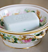 SARAH BAKERS HOUSE  THE OLD VICARAGE: BATHROOM: DECORATIVE VINTAGE CHINA BOWL WITH SOAP.