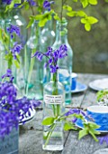 FISHING COTTAGE  KNEBWORTH PARK: STYLING BY JACKY HOBBS: TABLE ON JETTY BESIDE LAKE  WITH TABLE SETTING WITH BLUEBELLS IN VARIOUS GLASS JARS AND CONTAINERS -SPRING