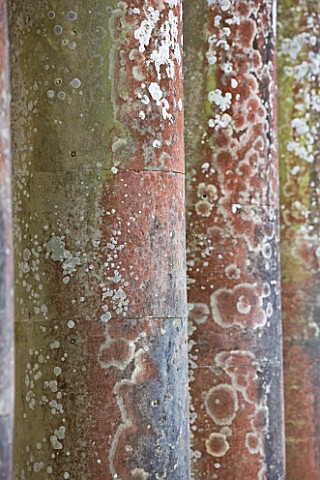 STOURHEAD_GARDEN__WILTSHIRE_NATIONAL_TRUST_MAY_2012__LICHEN_ON_PILLARS_OF_THE_TEMPLE_OF_FLORA