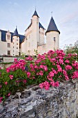 CHATEAU DU RIVAU  LOIRE VALLEY  FRANCE: THE CHATEAU IN EVENING LIGHT SEEN FROM THE ROSE WALK WITH ROSE MARIA LISA IN THE FOREGROUND