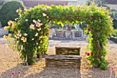 CHATEAU DU RIVAU  LOIRE VALLEY  FRANCE: ROSE ARBOUR AT DAWN IN THE CENTRAL COURTYARD PLANTED WITH DAVID AUSTIN ROSE - ROSE CROWN PRINCESS MARGARETA