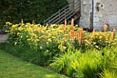 CHATEAU DU RIVAU  LOIRE VALLEY  FRANCE: YELLOW AND ORANGE BORDER WITH EREMURUS CLEOPATRA AND ROSE