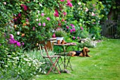 LES JARDINS DE ROQUELIN  LOIRE VALLEY  FRANCE: LAWN AND 15TH CENTURY FRENCH FARMHOUSE WITH ANTIQUE FURNITURE AND FAMILY DOG GARANCE
