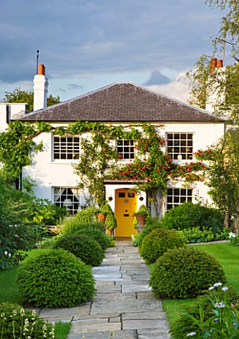 GIPSY_HOUSE__BUCKINGHAMSHIRE_THE_BACK_OF_THE_HOUSE_WITH_STONE_PATH__CLIPPED_YEW_TOPIARY_BALLS_AND_RO
