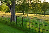 GIPSY HOUSE  BUCKINGHAMSHIRE: LAWN AND METAL FENCE WITH MEADOW BEYOND