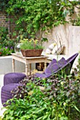 CHARLOTTE ROWE HOUSE  LONDON: SMALL, TOWN, FORMAL, CITY, GARDEN, PURPLE, CUSHIONS, CHAIRS, TABLE, WALL, BASKET