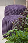 CHARLOTTE ROWE HOUSE  LONDON: SMALL, TOWN, FORMAL, CITY, GARDEN, PURPLE, CUSHIONS, SEATS, FOOT, STOOL, FOOTSTOOLS