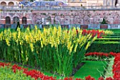 THE NATIONAL TRUST: CLIVEDEN  BUCKINGHAMSHIRE: THE PARTERRE IN EVENING LIGHT WITH YELLOW GLADIOLI AND VIEW TO THE HOUSE - AUGUST