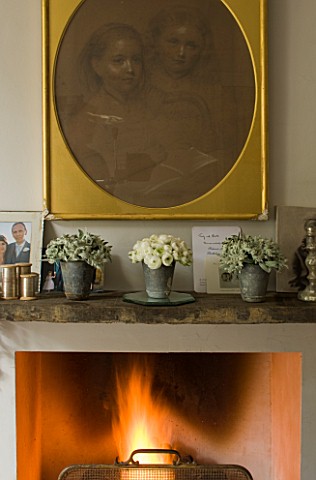 TWIG_HUTCHINSON_HOUSE__LONDON_FIRE_IN_FIREPLACE_WITH_WHITE_ROSES_ON_MANTELPIECE_IN_LIVING_ROOM